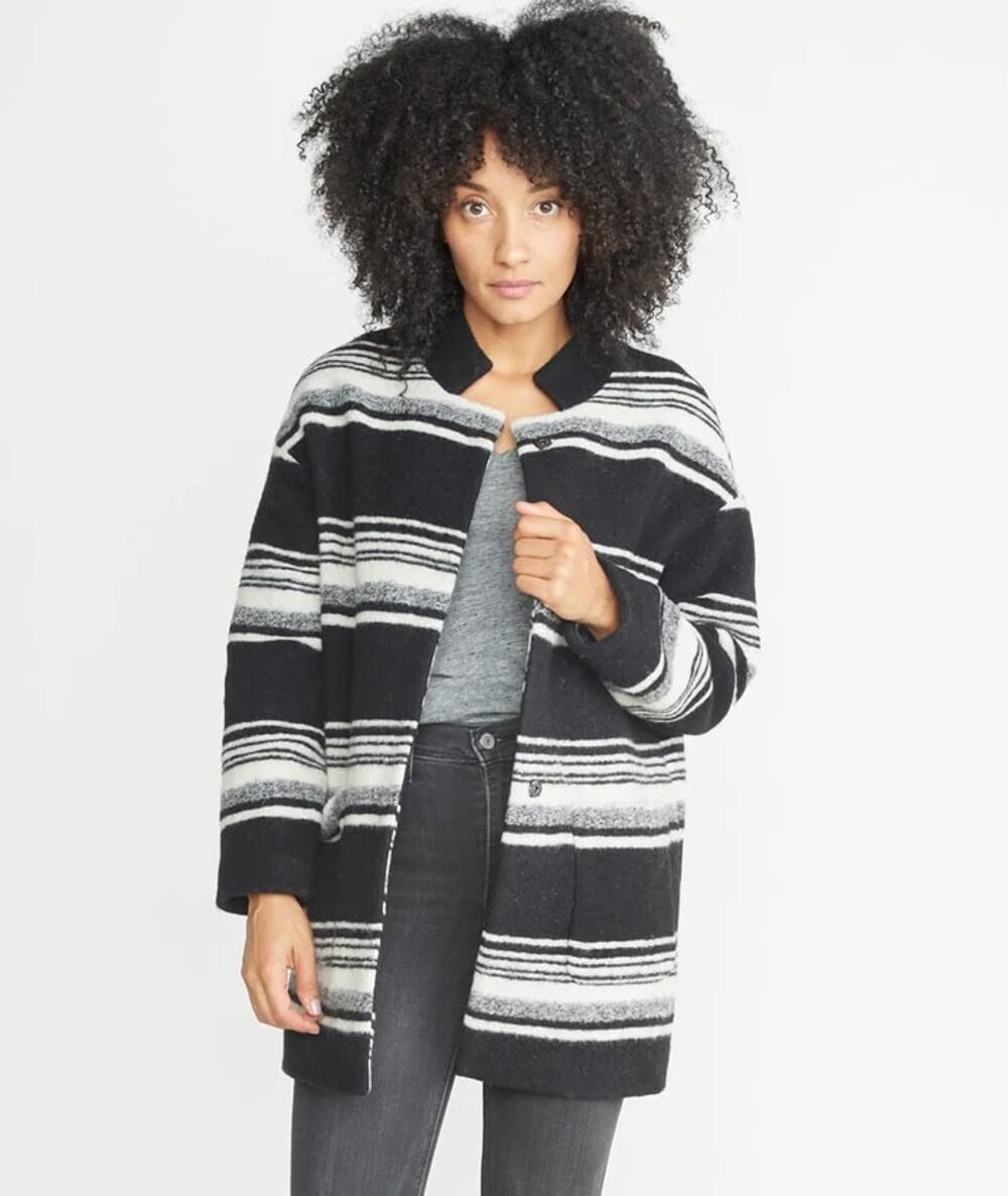 Marine Layer Wool Carey Cocoon Coat, Black White Striped, Small